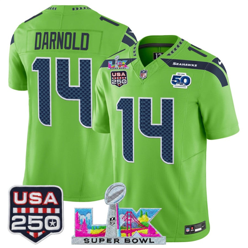 Youth Seattle Seahawks #14 Sam Darnold Green 2025 F.U.S.E. Super Bowl LX Patch And 50th Season & USA 250' Patch Vapor Limited Stitched Football Jersey Youth Seattle Seahawks #14 Sam Darnold Green 2025 F.U.S.E. Super Bowl LX Patch And 50th Season & USA 250' Patch Vapor Limited Stitched Football Jersey