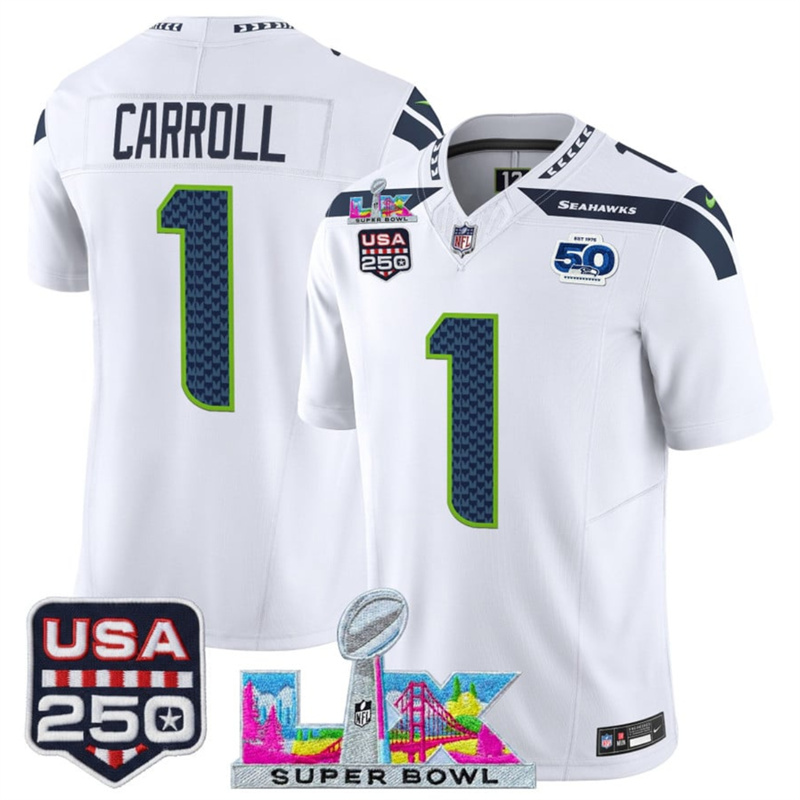 Youth Seattle Seahawks #1 Pete Carroll White 2025 F.U.S.E. Super Bowl LX Patch And 50th Season & USA 250' Patch Vapor Limited Stitched Football Jersey Youth Seattle Seahawks #1 Pete Carroll White 2025 F.U.S.E. Super Bowl LX Patch And 50th Season & USA 250' Patch Vapor Limited Stitched Football Jersey