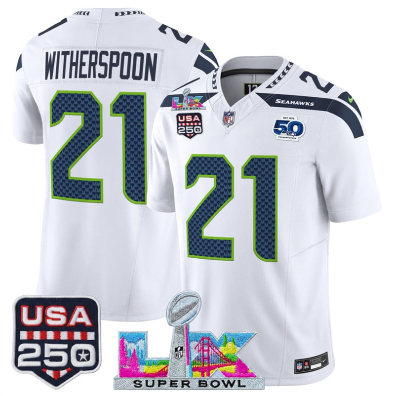 Youth Seattle Seahawks #21 Devon Witherspoon White 2025 F.U.S.E. Super Bowl LX Patch And 50th Season & USA 250' Patch Vapor Limited Stitched Football Jersey Youth Seattle Seahawks #21 Devon Witherspoon White 2025 F.U.S.E. Super Bowl LX Patch And 50th Season & USA 250' Patch Vapor Limited Stitched Football Jersey