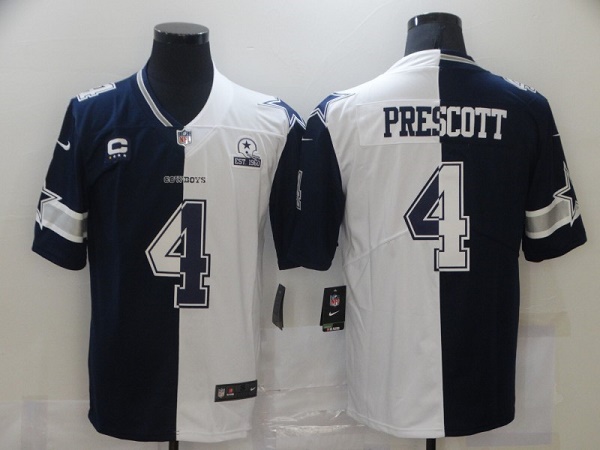 Youth Dallas Cowboys #4 Dak Prescott Navy White Split With C Patch Stitched Jersey