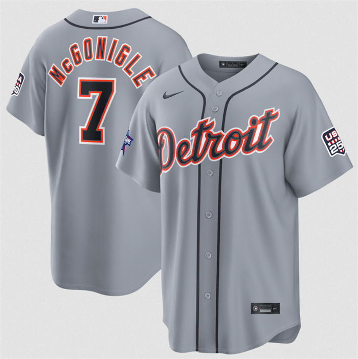 Men's Detroit Tigers #7 Kevin McGonigle Gray 2026 All-Star Game & USA 250 Patch Stitched Baseball Jersey Men's Detroit Tigers #7 Kevin McGonigle Gray 2026 All-Star Game & USA 250 Patch Stitched Baseball Jersey