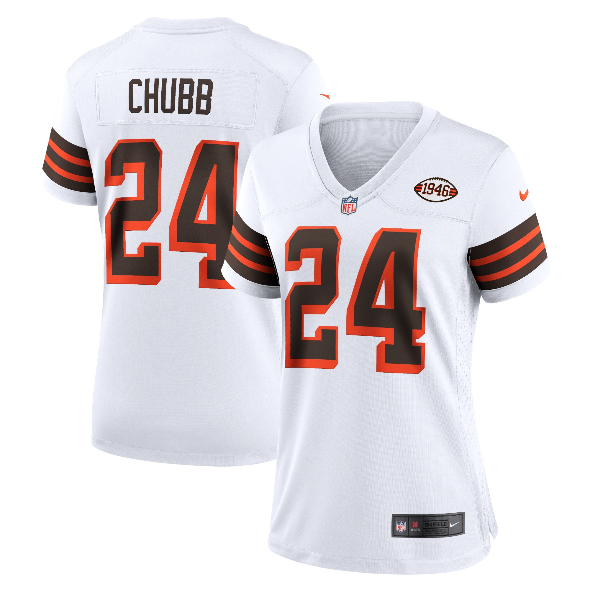 Women's Cleveland Browns #24 Nick Chubb 1946 Collection White Stitched Jersey