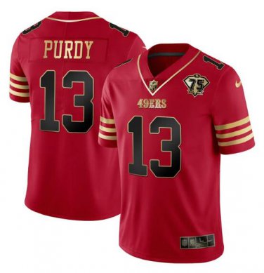 Women's San Francisco 49ers #13 Brock Purdy Red Gold With 75th Patch Stitched Football Jersey
