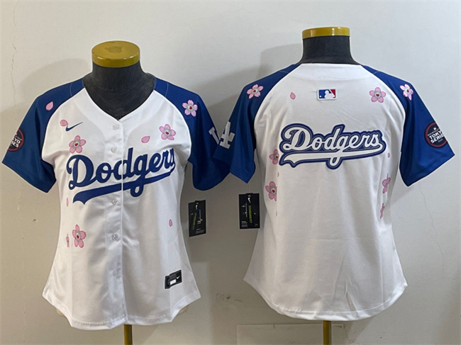 Women's Los Angeles Dodgers Team Big Logo White/Royal 2025 Tokyo Series Limited Stitched Baseball Jersey(Run Small) 001