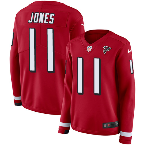 Nike Falcons #11 Julio Jones Red Team Color Women's Stitched NFL Limited Therma Long Sleeve Jersey