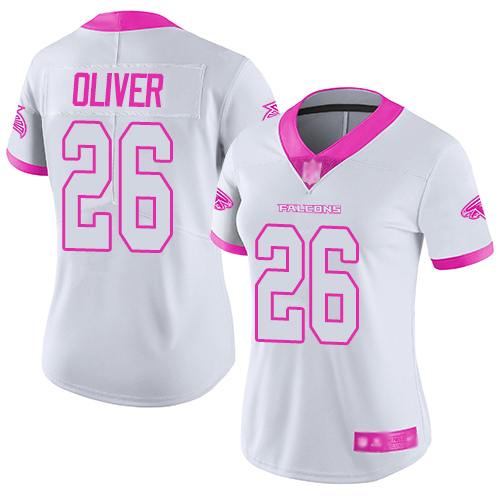 Nike Falcons #26 Isaiah Oliver White/Pink Women's Stitched NFL Limited Rush Fashion Jersey