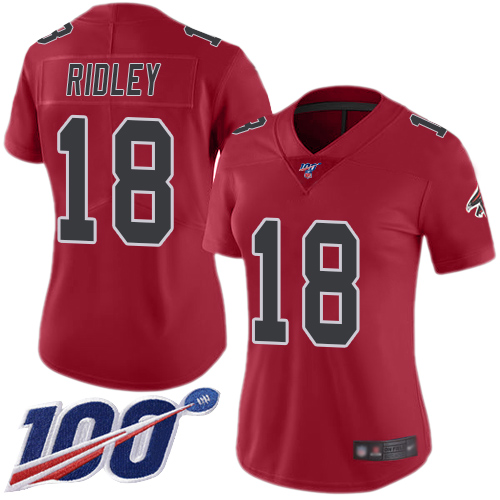 Nike Falcons #18 Calvin Ridley Red Women's Stitched NFL Limited Rush 100th Season Jersey