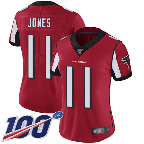 Nike Falcons #11 Julio Jones Red Team Color Women's Stitched NFL 100th Season Vapor Limited Jersey
