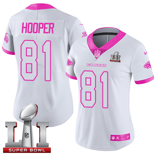 Nike Falcons #81 Austin Hooper White/Pink Super Bowl LI 51 Women's Stitched NFL Limited Rush Fashion Jersey