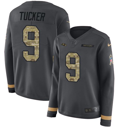 Nike Ravens #9 Justin Tucker Anthracite Salute to Service Women's Stitched NFL Limited Therma Long Sleeve Jersey