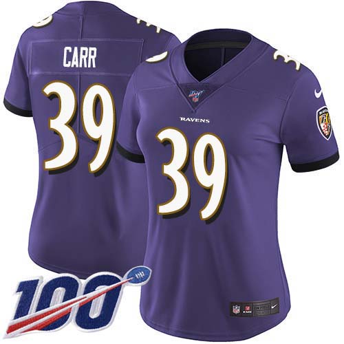 Nike Ravens #39 Brandon Carr Purple Team Color Women's Stitched NFL 100th Season Vapor Untouchable Limited Jersey
