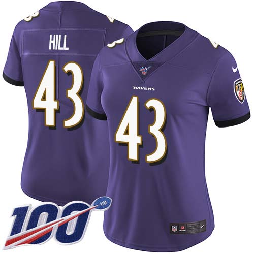 Nike Ravens #43 Justice Hill Purple Team Color Women's Stitched NFL 100th Season Vapor Untouchable Limited Jersey