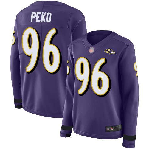 Nike Ravens #96 Domata Peko Sr Purple Team Color Women's Stitched NFL Limited Therma Long Sleeve Jersey