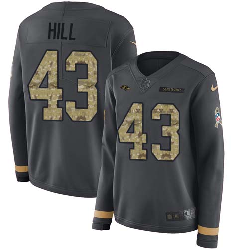 Nike Ravens #43 Justice Hill Anthracite Salute to Service Women's Stitched NFL Limited Therma Long Sleeve Jersey