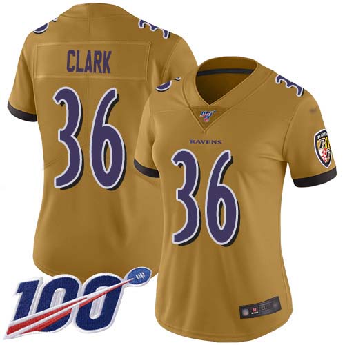 Nike Ravens #36 Chuck Clark Gold Women's Stitched NFL Limited Inverted Legend 100th Season Jersey