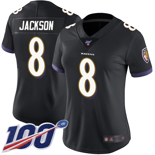 Nike Ravens #8 Lamar Jackson Black Alternate Women's Stitched NFL 100th Season Vapor Limited Jersey