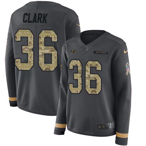 Nike Ravens #36 Chuck Clark Anthracite Salute to Service Women's Stitched NFL Limited Therma Long Sleeve Jersey
