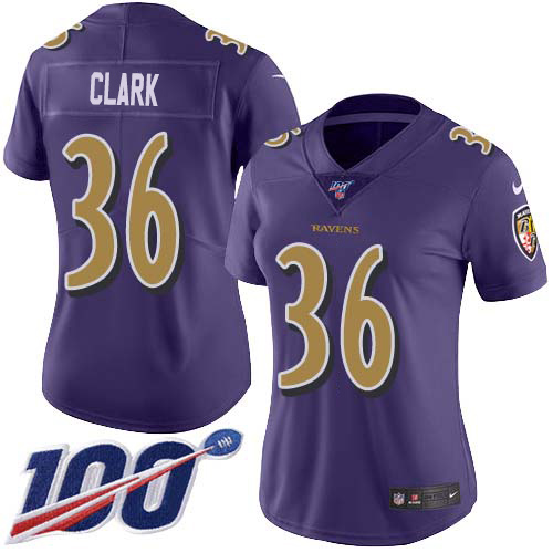 Nike Ravens #36 Chuck Clark Purple Women's Stitched NFL Limited Rush 100th Season Jersey