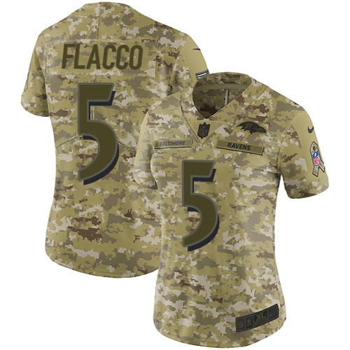 Nike Ravens #5 Joe Flacco Camo Women's Stitched NFL Limited 2018 Salute to Service Jersey