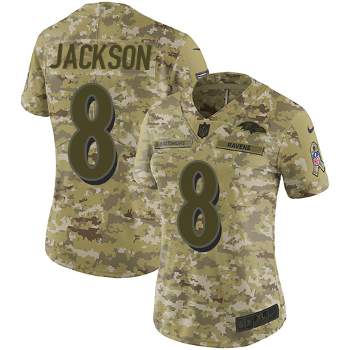 Nike Ravens #8 Lamar Jackson Camo Women's Stitched NFL Limited 2018 Salute to Service Jersey