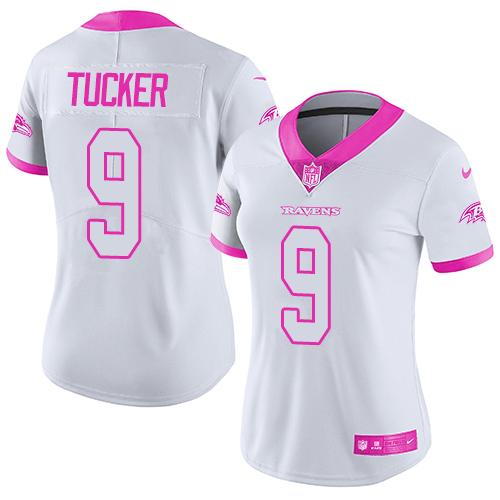 Nike Ravens #9 Justin Tucker White/Pink Women's Stitched NFL Limited Rush Fashion Jersey