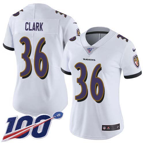 Nike Ravens #36 Chuck Clark White Women's Stitched NFL 100th Season Vapor Untouchable Limited Jersey