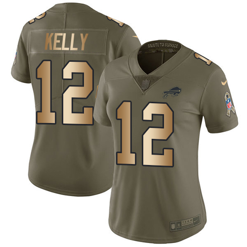 Nike Bills #12 Jim Kelly Olive/Gold Women's Stitched NFL Limited 2017 Salute to Service Jersey