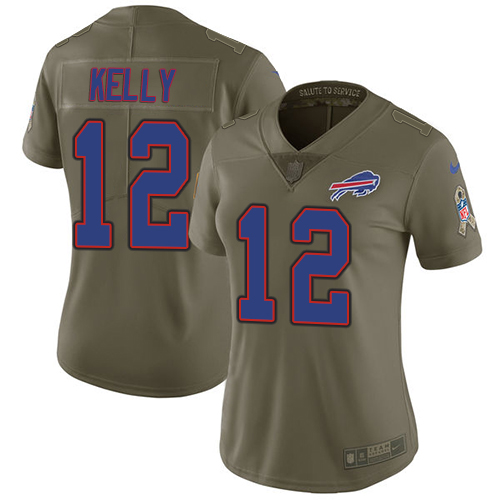 Nike Bills #12 Jim Kelly Olive Women's Stitched NFL Limited 2017 Salute to Service Jersey