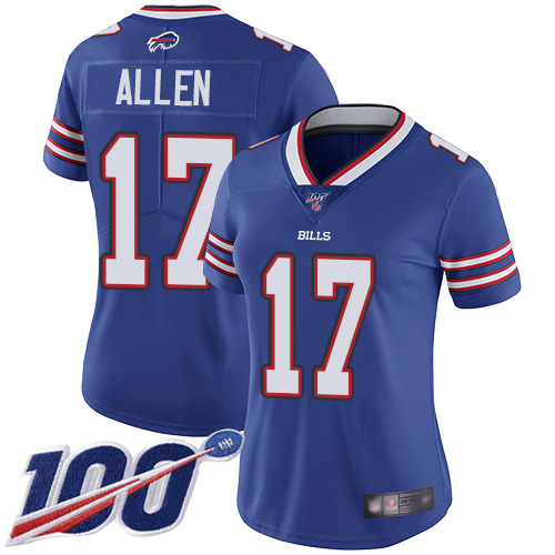 Nike Bills #17 Josh Allen Royal Blue Team Color Women's Stitched NFL 100th Season Vapor Limited Jersey