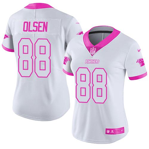 Nike Panthers #88 Greg Olsen White/Pink Women's Stitched NFL Limited Rush Fashion Jersey