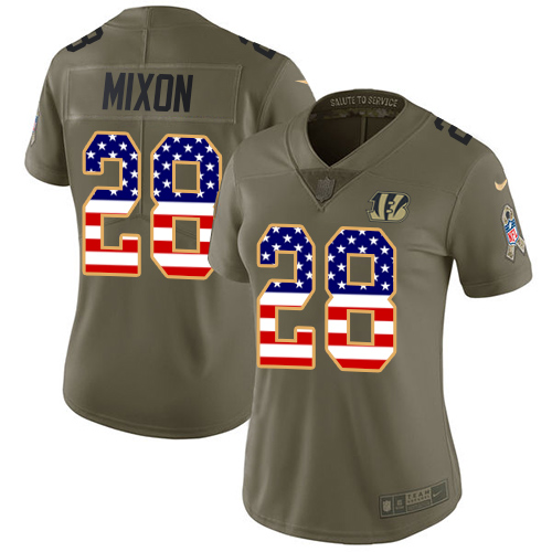 Nike Bengals #28 Joe Mixon Olive/USA Flag Women's Stitched NFL Limited 2017 Salute to Service Jersey