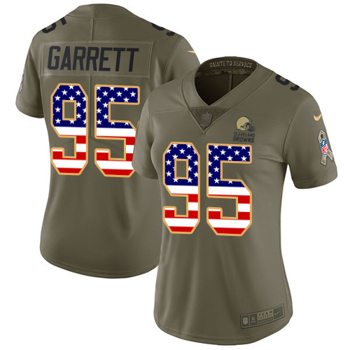 Nike Browns #95 Myles Garrett Olive/USA Flag Women's Stitched NFL Limited 2017 Salute to Service Jersey