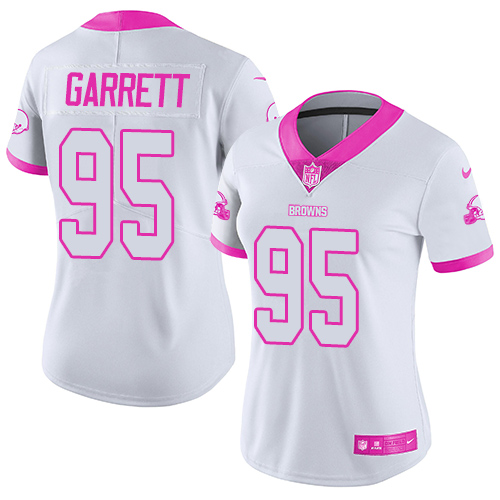 Nike Browns #95 Myles Garrett White/Pink Women's Stitched NFL Limited Rush Fashion Jersey