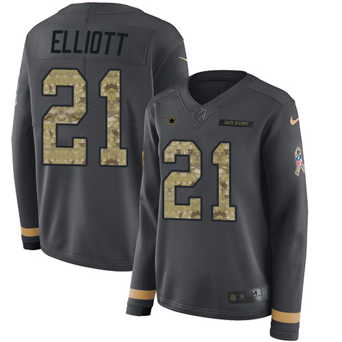 Nike Cowboys #21 Ezekiel Elliott Anthracite Salute to Service Women's Stitched NFL Limited Therma Long Sleeve Jersey