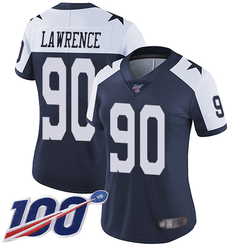 Nike Cowboys #90 Demarcus Lawrence Navy Blue Thanksgiving Women's Stitched NFL 100th Season Vapor Throwback Limited Jersey