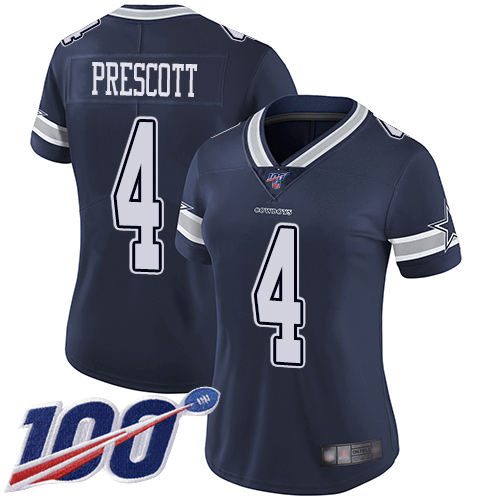 Nike Cowboys #4 Dak Prescott Navy Blue Team Color Women's Stitched NFL 100th Season Vapor Limited Jersey
