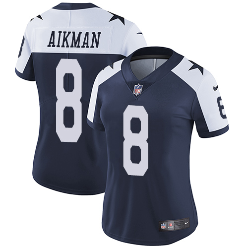 Nike Cowboys #8 Troy Aikman Navy Blue Thanksgiving Women's Stitched NFL Vapor Untouchable Limited Throwback Jersey