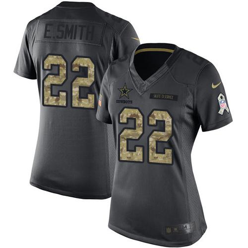 Nike Cowboys #22 Emmitt Smith Black Women's Stitched NFL Limited 2016 Salute to Service Jersey