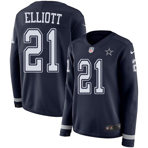 Nike Cowboys #21 Ezekiel Elliott Navy Blue Team Color Women's Stitched NFL Limited Therma Long Sleeve Jersey