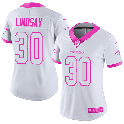 Nike Broncos #30 Phillip Lindsay White/Pink Women's Stitched NFL Limited Rush Fashion Jersey