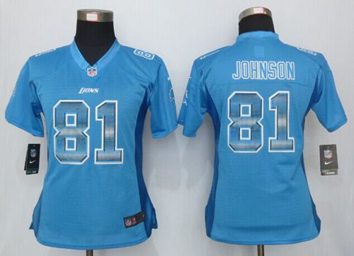 Nike Lions #81 Calvin Johnson Light Blue Team Color Women's Stitched NFL Elite Strobe Jersey