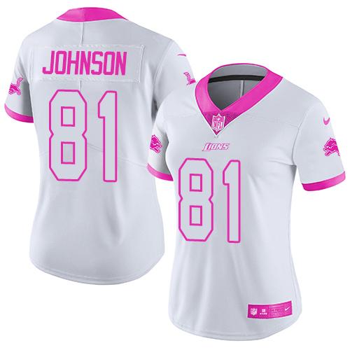 Nike Lions #81 Calvin Johnson White/Pink Women's Stitched NFL Limited Rush Fashion Jersey