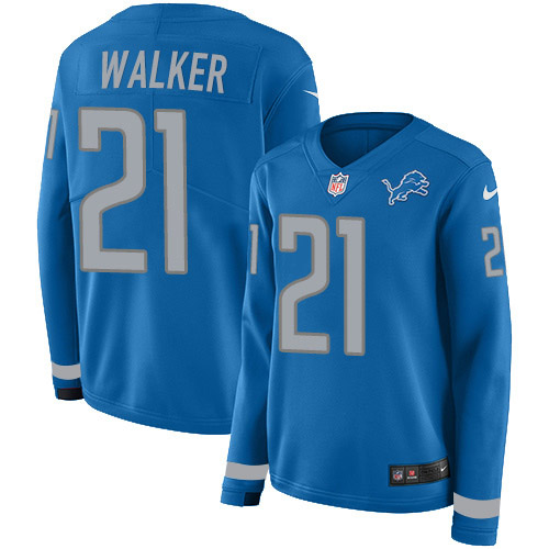 Nike Lions #21 Tracy Walker Blue Team Color Women's Stitched NFL Limited Therma Long Sleeve Jersey