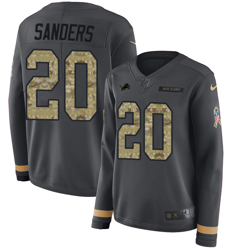 Nike Lions #20 Barry Sanders Anthracite Salute to Service Women's Stitched NFL Limited Therma Long Sleeve Jersey