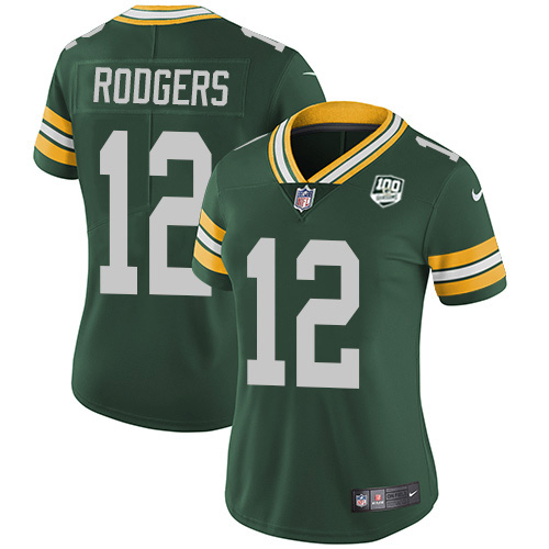Nike Packers #12 Aaron Rodgers Green Team Color Women's 100th Season Stitched NFL Vapor Untouchable Limited Jersey