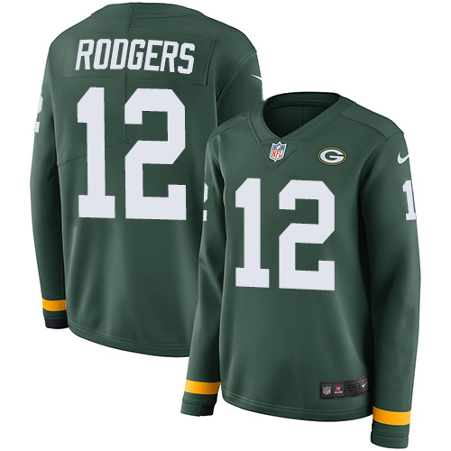 Nike Packers #12 Aaron Rodgers Green Team Color Women's Stitched NFL Limited Therma Long Sleeve Jersey