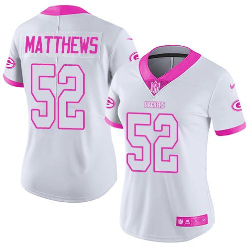 Nike Packers #52 Clay Matthews White/Pink Women's Stitched NFL Limited Rush Fashion Jersey