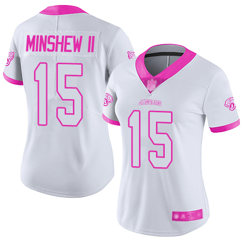 Nike Jaguars #15 Gardner Minshew II White/Pink Women's Stitched NFL Limited Rush Fashion Jersey