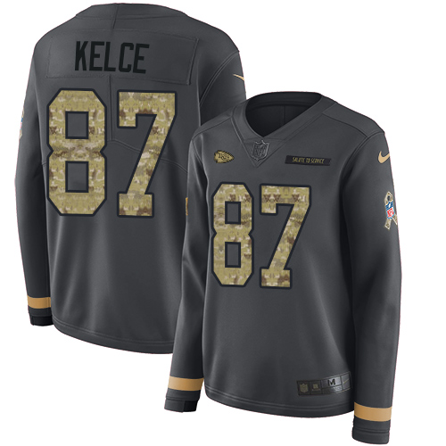 Nike Chiefs #87 Travis Kelce Anthracite Salute to Service Women's Stitched NFL Limited Therma Long Sleeve Jersey