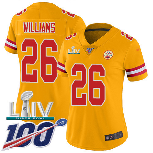 Nike Chiefs #26 Damien Williams Gold Super Bowl LIV 2020 Women's Stitched NFL Limited Inverted Legend 100th Season Jersey